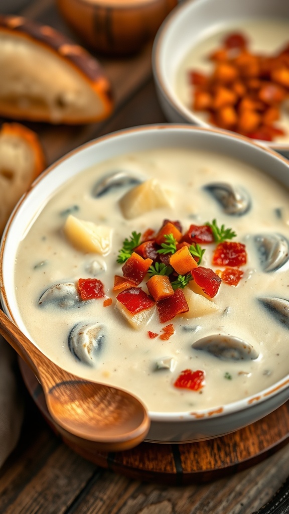 A hearty bowl of clam chowder with bacon and parsley, accompanied by crusty bread.